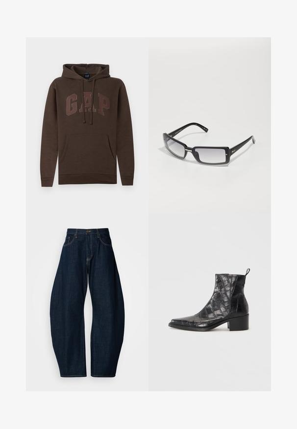 Brun hoodie med en känguruficka, snören och "GAP"-logotyp i en ljusare brun nyans över bröstet. Bekväm bomullsblandning.; Mörkblå denimjeans med bred bendesign, med framträdande sömmar, fem fickor och en mässingsknapp som stängning i midjan.; Svarta anklarstövlar tillverkade av strukturerad faux läder med ett krokodilmönster, med en fyrkantig tå och blockklack.; Svarta rektangulära solglasögon med graduerade linser, med en tjock ram och metallaccentdetaljer på bågarna. Slät yta genom hela.