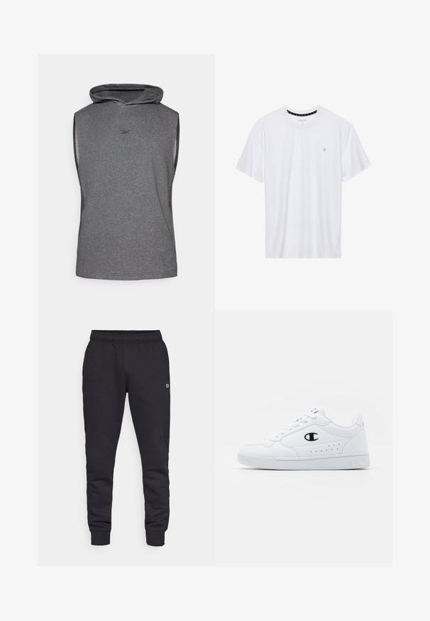 Reebok BASKETBALL HOODIE - Felpa con cappuccio - dark heather grey; T-shirt bianca a girocollo realizzata in cotone, con maniche corte e un piccolo logo ricamato sulla parte sinistra del petto. Texture morbida.; Pantaloni della tuta in cotone neri con vita ed elastici alle caviglie. Presentano un dettaglio del logo sul lato. Texture liscia, design affusolato.; Sneakers atletici bianchi con pelle sintetica liscia, accento del logo nero e dettagli perforati sul lato. Suola in gomma.