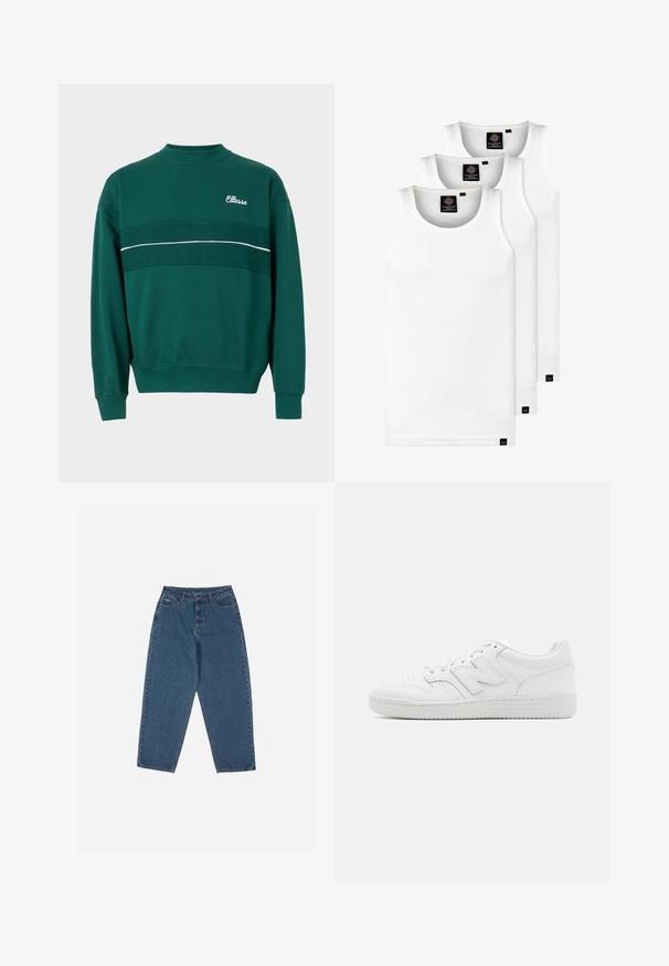 Groene crewneck sweatshirt met ribgebreide manchetten en zoom, met een gestructureerde horizontale streep en het "Ellesse"-logo op de linkerbovenborst.; Drie witte geribde tanktops van katoen. Kenmerken zijn een ronde hals en kleine zwarte labels nabij de zoom. Verkrijgbaar in meerdere maten.; Blauwe denim jeans met een ontspannen pasvorm, hoge taille, vijf-pocket ontwerp en stikselaccenten. Voorzien van een knoop- en ritssluiting.; Witte sneaker van glad leer, met geperforeerde neus, een gestructureerde rubberen zool, platte veters en een prominente 'N' logo aan de zijkant.