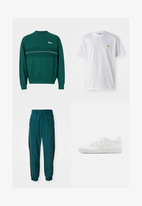 Grønn crewneck sweatshirt med ribbestrikkede cuff og kant, med en teksturert horisontal stripe og "Ellesse"-logo på øvre venstre bryst.; Hvit bomull t-skjorte med korte ermer, rund hals, med en liten gulllogo på venstre brystområde. Myk tekstur og vanlig passform.; Teal idrettsbukser med snor i midjen, elastiske mansjetter og svarte striper på siden. Laget av lett materiale, med en logo nær hoften.; Hvit sneakers laget av glatt lær, med perforert tå, en teksturert gummisåle, flate lisser og en fremtredende 'N' logo på siden.