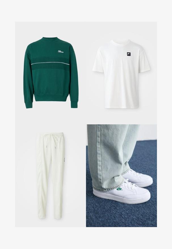 Sweatshirt verde de ganga com punhos e bainha canelados, apresentando uma faixa horizontal texturizada e o logótipo "Ellesse" no lado superior esquerdo do peito.; T-shirt branca em algodão com mangas curtas e decote redondo; apresenta um pequeno logótipo retangular preto da Nike Air no lado esquerdo do peito.; Calças jogger slim-fit brancas com cintura elástica e cordão, apresentando detalhes nas costuras laterais e um pequeno patch preto na perna direita.; Tênis de couro brancos com logo verde da Nike, bico redondo, sola plana, combinados com calças de denim azul claro, exibidos sobre um tapete azul.