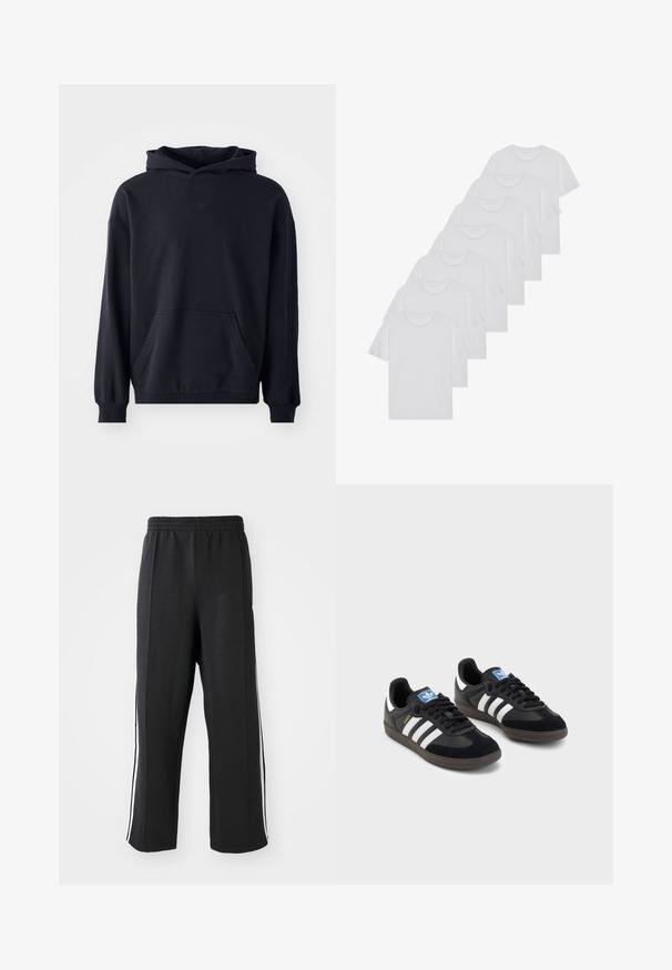 Sweatshirt com capuz preto, feito de tecido suave, com um bolso frontal, mangas longas, punhos canelados e um logotipo discreto no peito.; T-shirts brancos de algodão, mangas curtas, design de gola redonda, com textura lisa, empilhados em fila, com uma marcação subtil na gola.; Calças de moletom pretas com um cós elástico, apresentando riscas laterais brancas e um corte descontraído. Feitas de um tecido macio e elástico.; Sneakers pretos com parte superior em camurça e sintético, apresentando três riscas brancas, sola de borracha texturizada e etiqueta azul no linguete.