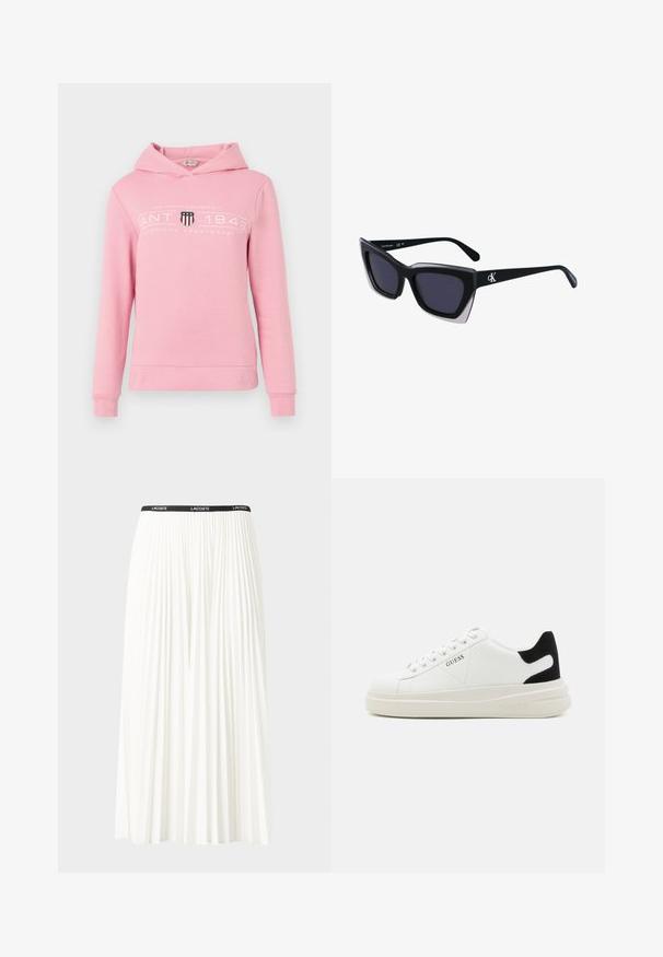 Rózsaszín, pamut keverékből készült kapucnis pulóver, elöl a "GANT 1948" felirattal és pajzs dizájnnal. Hosszú ujjak és húzózsinóros kapucni.; Plisszírozott fehér szoknya fekete elasztikus derékkal, amelyen a "LACOSTE" logó található. Középhosszú kialakítás, puha tapintással.; Fehér bőr sportcipők vastag fehér talppal, fekete velúr sarokpikkelyel és dombornyomott logóval az oldalon. Fűzős kialakítás, hat fűzőlyukkal.; Fekete, nagyméretű napszemüveg geometrikus formával, sötét lencsékkel és kontrasztos szürke részlettel a kereten. Logó a szárán.