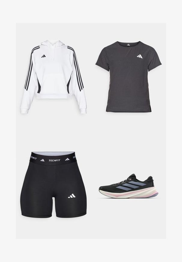 Bela skrajšana kapa s sprednjim žepom, črnimi stranskimi poudarki in tremi navpičnimi črnimi črtami na vsaki rokav. Nastavljiva kapuca z vrvico.; Kratka športna majica s kratkimi rokavi, temno siva z perforirano teksturo. Ima bel logotip in kontrastne stranske črte. Okrogel ovratnik.; Črne kratke hlače iz elastične tkanine s prilegajočim dizajnom. Imajo širok črn pas z oznako "TECHFIT" in belo logo na nogi.; Črne tekaške čevlje z mrežastim zgornjim delom, svetlo vijoličnimi poudarki in tremi vodoravnimi sivo-črnimi črtami. Imajo oblazinjen podplat za udobje.