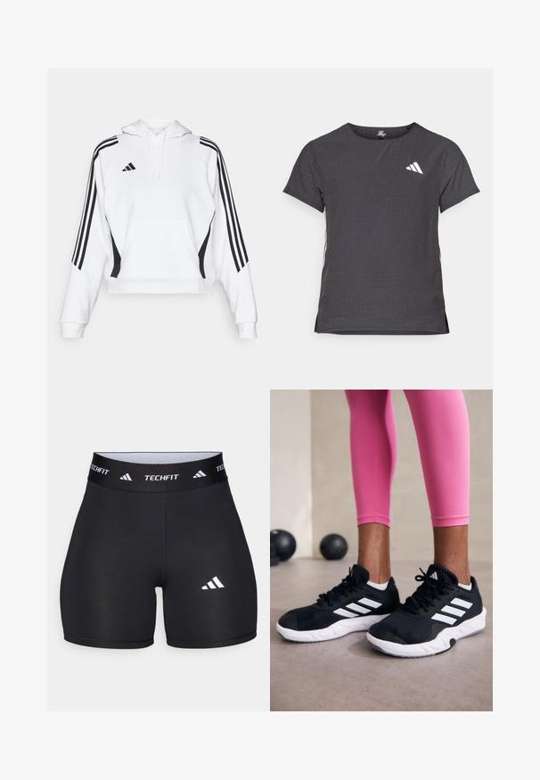 White cropped hoodie with a front pocket, black side accents, and three vertical black stripes on each sleeve. Adjustable drawstring hood.; Short-sleeve athletic t-shirt, dark gray with perforated texture. Features a white logo and contrasting side stripes. Rounded neckline.; Black shorts made from stretchy fabric with a fitted design. Features a wide black waistband labeled "TECHFIT" and a white logo on the leg.; Black athletic shoes with white stripes, textured mesh upper, and a white sole. Worn with pink leggings, showcasing training apparel.