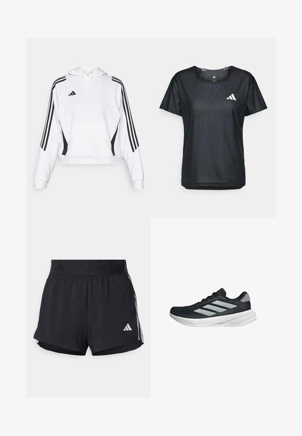 Felpa bianca corta con tasca frontale, dettagli neri ai lati e tre strisce nere verticali su ciascun maniche. Cappuccio con cordini regolabili.; T-shirt sportivo nero con collo rotondo, maniche corte e un tessuto testurizzato che presenta un motivo sottile. Con logo bianco sul davanti.; Pantaloni sportivi neri con cintura elasticizzata, dotati di una banda testurizzata, strisce laterali e un logo Adidas bianco sull'orlo inferiore.; Scarpa da corsa nera con tomaia in mesh, tre strisce argentate, intersuola bianca e suola testurizzata. Presenta un colletto imbottito e chiusura con lacci.