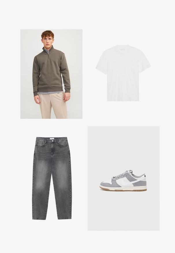 Donker groene quarter-zip sweatshirt van zacht materiaal, met lange mouwen en geribde manchetten, gecombineerd met een gestreept shirt en lichte broek.; Witte katoenen t-shirt met korte mouwen, ronde hals en rechte zoom. Gladde textuur, minimalistisch ontwerp zonder patrons of accenten.; Hoge taille, losvallende jeans van vervaagd zwart denim. Beschikt over vijf zakken, riemlussen en een schone, rechte broekspijp ontwerp.; Grijze en witte sneaker met een bovenwerk van suede en leer, ronde neus, platte veters en een rubberen zool met een gumaccent.