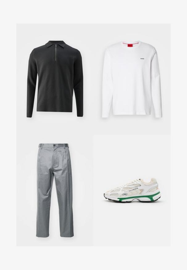 Samsøe Samsøe GUNA HALF ZIP - Camisola - volcanic ash; Camisa branca de mangas longas feita de algodão, com decote redondo, logotipo preto "HUGO" no lado esquerdo do peito e uma textura suave.; Calças em mistura de algodão cinza com um design de perna reta, apresentando um fecho frontal com botão, passantes para cinto e bolsos laterais.; Sapatilha branca com detalhes verdes e sola de borracha preta. Apresenta painéis em malha e sintéticos, com um acabamento texturizado e costura visível.