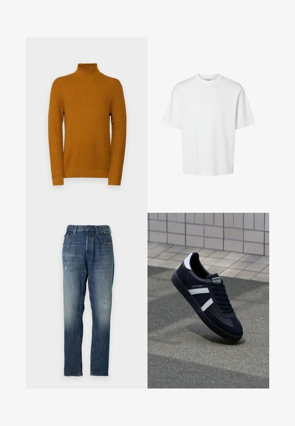 Selected Homme SLHZIG STRUCTURE - Džemperis - cathay spice; Balta medvilninė marškinė su trumpomis rankovėmis, apvaliu iškirpimu ir laisvu siluetu. Lygus paviršius be matomų raštų ar akcentų.; Džinsai, turintys įblukusią mėlyną spalvą, tiesaus kirpimo dizainą, vidutinį dėvėjimą priekyje ir klasikinį penkių kišenių stilių.; Juodas odinis sportinis batelis su baltais dryžiais, tekstūruota gumine padais ir raišteliais priekyje. Yra prekės ženklą žymintis etiketė ant liežuvio.