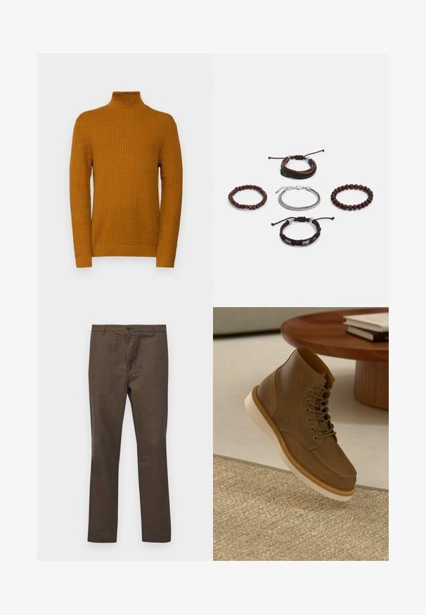 Selected Homme SLHZIG STRUCTURE - Jumper - cathay spice; Brown cotton trousers with a straight-leg design, featuring a button closure and belt loops, smooth texture without patterns or accents.; Brown suede ankle boot with beige thick sole, laced up, standing on edge near woven rug and wooden round table with stacked books.; Set of five bracelets featuring brown leather, wooden beads, and a silver chain; varying textures and shapes, with adjustable closures.