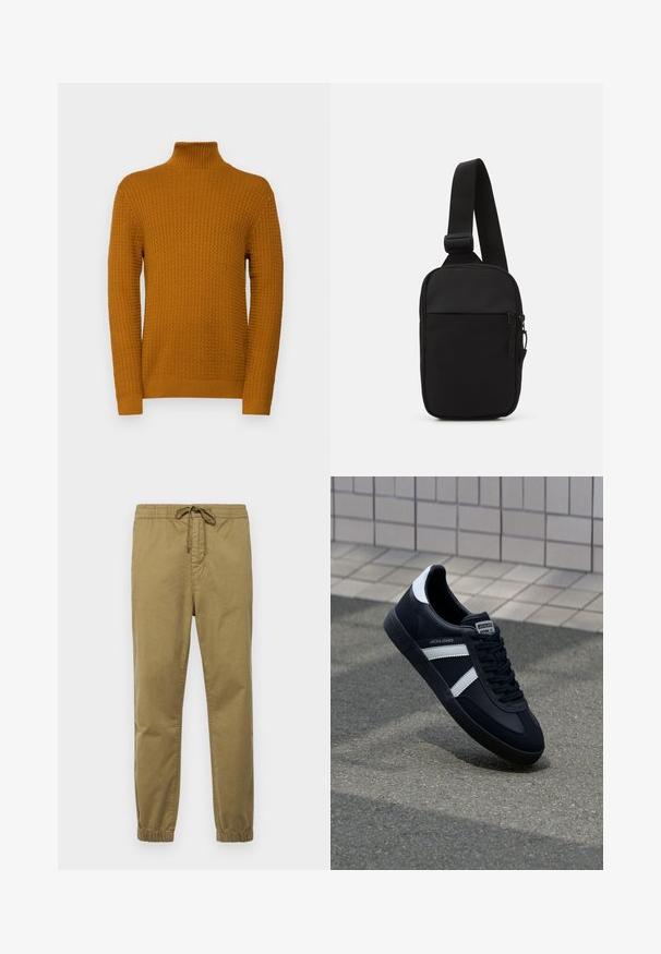 Selected Homme SLHZIG STRUCTURE - Jumper - cathay spice; Light khaki jogger pants with elastic waistband, adjustable drawstring, tapered legs, and elastic cuffs. Smooth, breathable fabric.; Black leather sneaker with white stripes, textured rubber sole, and lace-up front. Features a branded label on the tongue.; Black crossbody bag made of durable fabric, featuring a single adjustable strap, a zippered main compartment, and a front pocket.