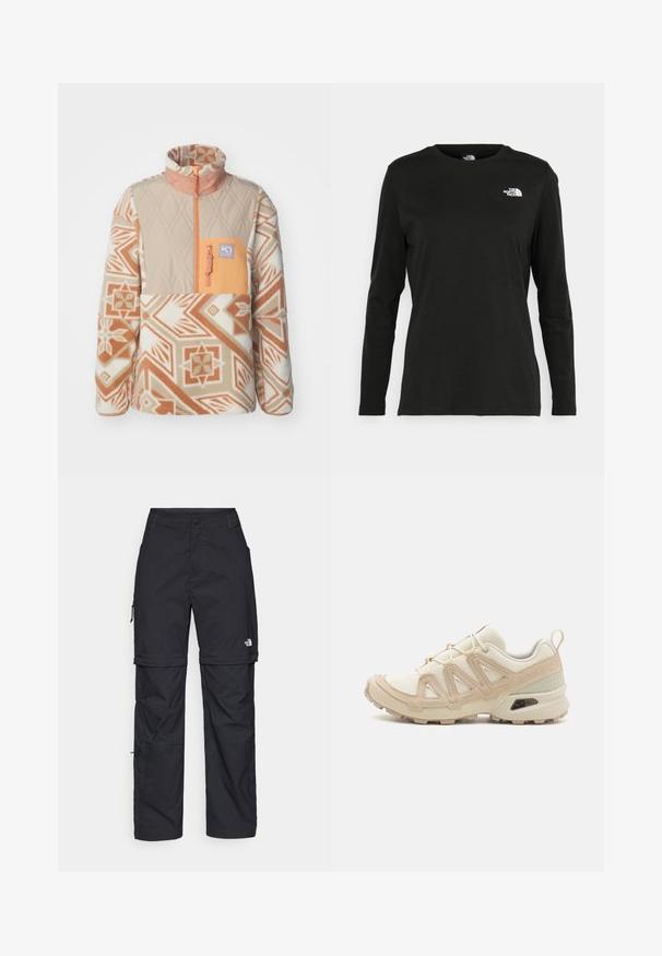 Kari Traa ROTHE - Flisinis džemperis - light brown; Juodas ilgomis rankovėmis medvilninis marškinėliai su apvali apykakle. Savybė - mažas baltas logotipas kairėje krūtinės pusėje. Paprastas dizainas ir pritaikymas.; Juodos nailoninės krovinių kelnės su reguliuojamais rankovėmis, daugybe kišenių ir logo ant dešinės kojos. Lygi, lengva tekstūra.; Bežinės ir kreminės spalvos sportinės bateliai su tekstūruoto tinklelio viršutine dalimi, palaikančiomis detalėmis ir guminiais padais, turinčiais raštą, užtikrinantį sukibimą.