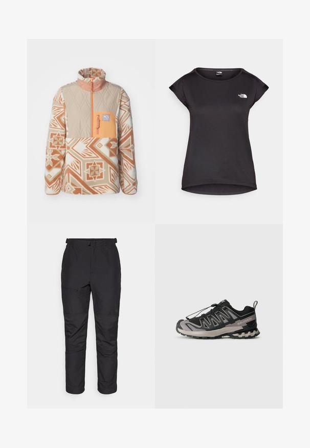 Kari Traa ROTHE - Pulover din fleece - light brown; The North Face TANKEN TANK  - Bluză sport - black; Pantaloni de exterior negri, din material ușor, cu o textură netedă, talie elastică, buzunar cu fermoar și detalii cu panouri pe picioare.; Pantofila sportivă neagră și gri, cu partea superioară din plasă, talpă din cauciuc și sistem de șireturi elastice. Are un vârf întărit și accente texturate.