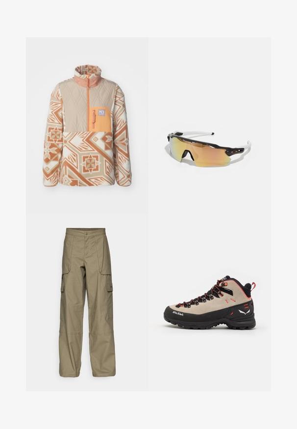 Kari Traa ROTHE - Polárpulóver - light brown; Olajzöld szövetből készült cargo nadrág, laza szabással, több oldal zsebbel és gombos derékrésszel. Simaszt texture.; Férfi túracipők bézs velúrból készült felsőrésszel, fekete gumitalppal, piros díszítéssel és fűzős kialakítással a biztos illeszkedés érdekében.; Fekete-fehér kerettel készült napszemüveg, nagy, arany és rózsaszín árnyalatú tükörlencsékkel, aerodinamikus dizájnnal és kiterjesztett külső peremmel.