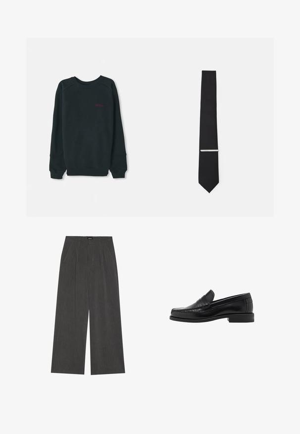 Černá mikina vyrobená z bavlněné směsi, s ribovaným kulatým výstřihem, dlouhými rukávy a malým růžovým logem Timberland na hrudi.; Bílá košile na knoflíky s dlouhými rukávy, vyrobená z hladké bavlněné tkaniny, s klasickým límcem a jemným leskem. Pět knoflíků vpředu.; Kalhoty s širokými nohavicemi z tmavě šedé tkaniny, s nařaseným předním dílem, dvěma postranními kapsami a plochým pasem. Hladká textura a precizní střih.; Černé kožené mokasíny s hladkým povrchem, prošíváním na špičce a nízkým podpatkem pro komfort a styl.; Černý motýlek vyrobený z hladké látky, s úzkou šířkou a stříbrnou sponou, která podtrhuje jeho design.