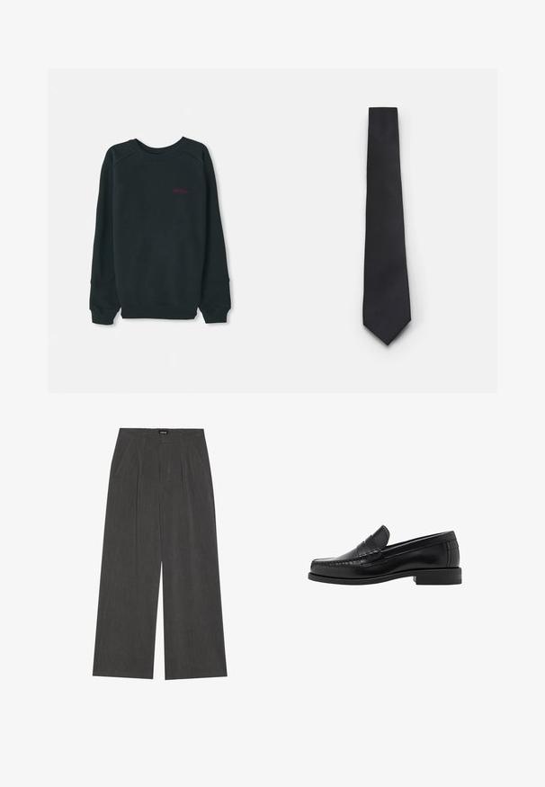 Čierna mikina vyrobená z bavlnenej zmesi, s rebrovaným okrúhlym výstrihom, dlhými rukávmi a malým ružovým logom Timberland na hrudi.; Biela košeľa na gombíky s dlhými rukávmi, vyrobená z hladkej bavlnenej tkaniny, s klasickým golierom a jemným leskom. Päť gombíkov na prednej strane.; Klasické nohavice voľného strihu z tmavosivej tkaniny, s prešívaným predným dielom, dvoma bočnými vreckami a plochým pásom. Hladká textúra a prispôsobený dizajn.; Čierne kožené loafers s hladkým povrchom, prešívané detaily na špičke a nízky dizajn podpätku pre pohodlie a štýl.; Úzka čierna kravata s textúrovaným, diagonálnym ryhovaným vzorom. Má špicatý koniec a hladký povrch. Vhodná na formálne nosenie.