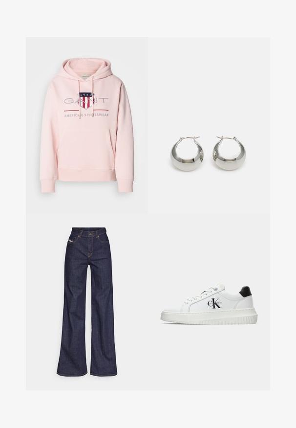 Pink hooded sweatshirt made of soft fabric. Features a front pocket, drawstring hood, and a embroidered logo with red and blue accents.; Dark blue wide-leg jeans in denim fabric with a high waist, featuring orange stitching, five-pocket design, and a button closure.; White low-top sneaker with black heel tab, platform sole, laces, and Calvin Klein "CK" logo on the side.; Silver metal hoop earrings with a smooth, shiny surface and a structured, rounded design. Features a hinged clasp for secure wear.