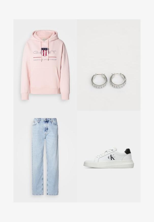 Roosa kapuutsiga sviiter, mis on valmistatud pehmest kangast. Omab esist pocketit, nööriga kapuutsi ning brodüüritud logo punaste ja siniste aktsentidega.; Heledad sinise värvi laiad teksad, mis on valmistatud denimist, kõrge vöökoht, pleekinud pesu ja peen tie-dye muster ettepoole.; Valge madalate sokkidega jooksutoss, millel on must konts, platvormi tallad, paelad ja Calvin Kleini "CK" logo küljel.; Hõbedased rõngassõrmed tekstureeritud disainiga, kus on vertikaalsed sooned. Ümmargune kuju ja kindel lukustus. Sile viimistlus.