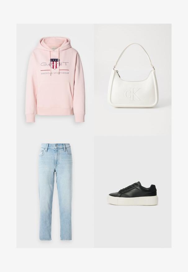 Rosa Kapuzenpullover aus weichem Stoff. Mit einer Fronttasche, Zugkordelkapuze und einem gestickten Logo mit roten und blauen Akzenten.; Hellblaue Jeans aus Denim, mit geradem Bein, mittelhoher Taille, fünf Taschen und einem Knopfverschluss vorne.; Schwarze Leder-Sneaker mit abgerundeter Zehenpartie, weißer Plattformsohle und schwarzen Schnürsenkeln. Verfügt über ein dezentes Logo an der Ferse und eine glatte Textur.; Weiße Lederhandtasche mit abgerundeter Form, ausgestattet mit einem geprägten "CK"-Logo auf der Vorderseite und einem Einzel-Schultergurt. Reißverschluss oben.