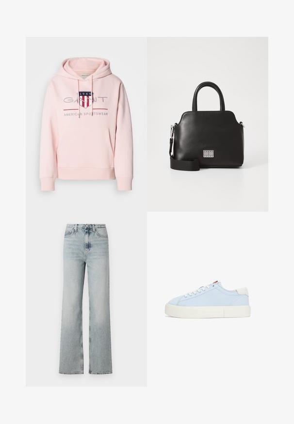 Roze hoodie gemaakt van zachte stof. Heeft een voorzak, een capuchon met koord en een geborduurd logo met rode en blauwe accenten.; Hoge taille, lichtblauwe denim jeans met een brede pijp-silhouet, uitgerust met vijf zakken en een subtiele vervaging langs de stof.; Lichtblauwe sneakers met een witte rubberen zool, voorzien van een gestructureerde afwerking, vetersluiting en een logoaccent aan de zijkant.; Zwarte synthetische handtas met bovenhandvatten, afneembare schouderriem, ronde vorm, gladde textuur en zilveren logo-accent aan de voorkant.