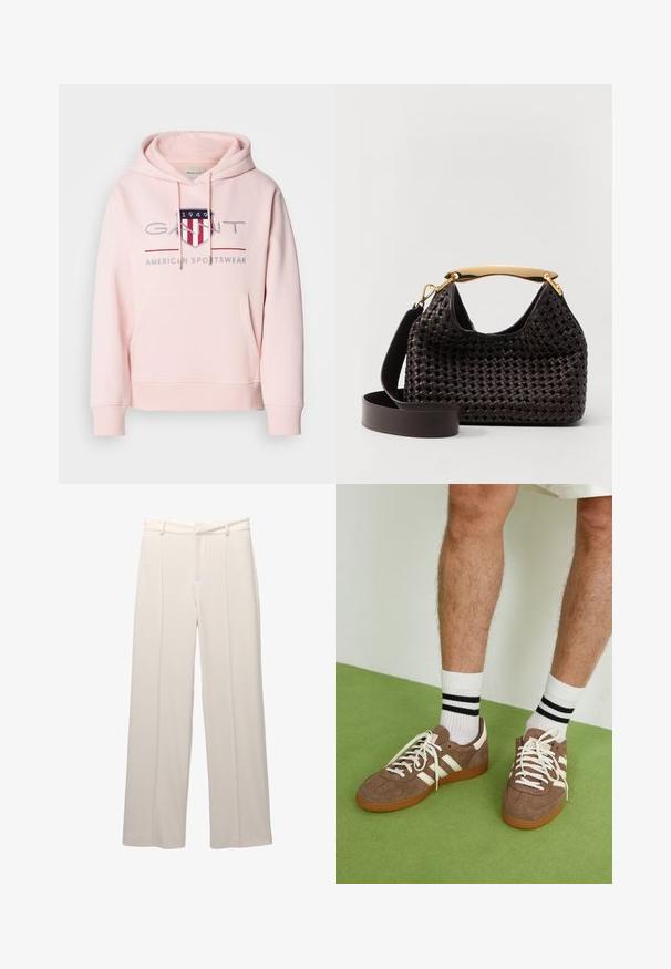 Roze hoodie gemaakt van zachte stof. Heeft een voorzak, een capuchon met koord en een geborduurd logo met rode en blauwe accenten.; Wijde broek in lichtbeige stof met een gladde textuur. Heeft een nauwsluitende tailleband, voorplooien en geen zichtbare zakken.; Bruine suède sneakers met witte accenten en veters. Rubberen gumzool. Draag met witte sokken met zwarte strepen. Groene gestructureerde vloer.; Elleme BOOMERANG WOVEN - Handtas - brown