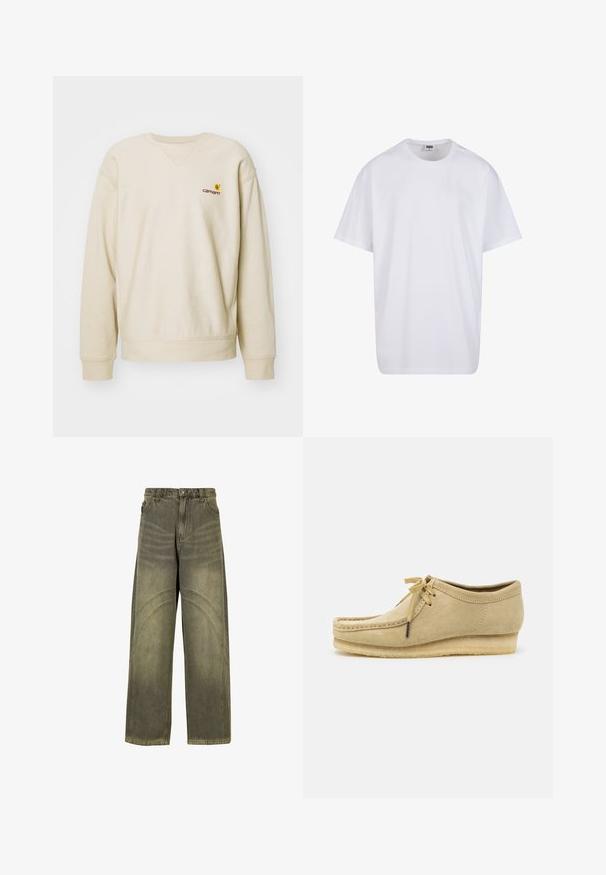 Beige sweatshirt with a round neckline and raglan sleeves. Features a small embroidered logo on the left chest. Soft, textured fabric.; White cotton t-shirt with short sleeves, rounded neckline, relaxed fit, and no visible logos or patterns. Smooth texture and minimal design.; Wide-leg jeans in olive green denim, featuring curved seam accents, classic button closure, and a faded finish.; Beige suede shoe with a lace-up design, stitched detailing, and a rubber sole. The shape is casual with a slight wedge heel.