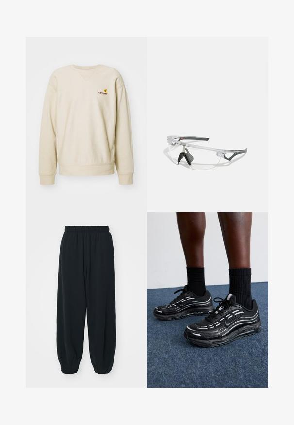 Felpa beige con scollatura rotonda e maniche raglan. Presenta un piccolo logo ricamato sul lato sinistro del petto. Tessuto morbido e testurizzato.; Pantaloni da jogging neri con vita elasticizzata, dalla vestibilità morbida, caviglie a costina, texture liscia e senza motivi visibili o dettagli in metallo.; Le scarpe Nike nere presentano una tomaia in mesh con strisce a contrasto, lacci testurizzati e una suola in gomma nera. Indossate con calze nere a costine.; Occhiali di sicurezza trasparenti con una montatura leggera e trasparente e accenti grigi. Presentano un design avvolgente e un supporto per il naso regolabile.