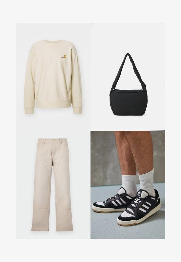 Beige sweatshirt med rund hals og raglanærmer. Har en liten brodert logo på venstre bryst. Myk, teksturert stoff.; Beige bomullsbukser med rett ben-design, med to frontlommer og to glidelåsdetaljer. Gullsmykker fremhever.; Sorte og hvite sneakers med overdel i semsket skinn og lær, med tre hvite striper, perforert tå og en såle av gummi.; Svart skulderveske med polstret tekstur, rund form og bred stropp, med et preget logo på forsiden.
