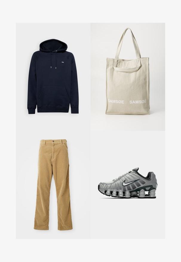 Marinblå huvtröja med kängurufickor, dragsko och minimal vit logotypdetalj. Blanding av bomull, mjuk textur och ribbade ärmslut.; Bruna kordbypants med framfickor, bältesöglor, knäppning med knapp och rak benklippning liggande platt på en vit bakgrund.; Grå och svart Nike löparskor med synlig fjädrande dämpning under sulan och en vit swoosh-logotyp på sidan.; Ljus beige canvas tote-väska med dubbla handtag, med "SAMSOE"-logotypen tryckt i vitt på framsidan. Rektangulär form med enkel design.