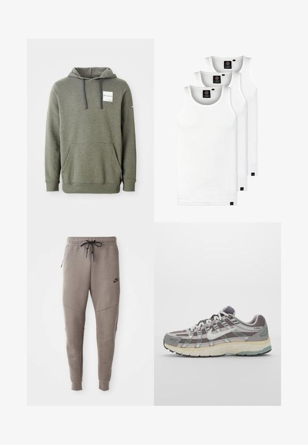 Olivově zelená mikina s kapucí, přední kapsou, nastavitelnými šňůrkami a nášivkou s logem na hrudi; vyrobena z měkké texturované tkaniny.; Tři bílé žebrované tílka vyrobené z bavlny. Mají kulatý výstřih a malé černé štítky poblíž lemu. Dostupné v několika velikostech.; Šedé Nike tepláky s elastickým pasem na šňůrku, zúženými nohavicemi, bočními kapsami a charakteristickým švem. Měkká, strukturovaná tkanina.; Šedá sportovní obuv s vrchní částí z mikrovlákna a semiše, bílými akcenty, polstrovanou podrážkou a jedinečným designem s reflexními prvky.
