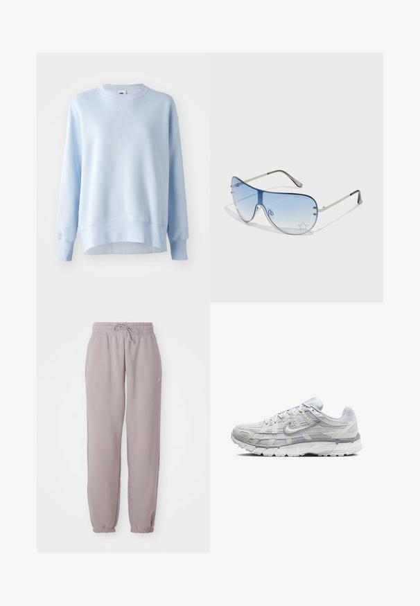 Hanorac bleu deschis cu manșete și tiv din material rib. Este dotat cu un logo Nike brodat în alb pe piept. Material moale și texturat, croială lejeră.; Pantaloni de trening din fleece de culoare mauve deschis, cu talie elastică, cordon de ajustare, buzunare laterale și manșete elastice, prezentati întinși pe un fundal alb.; Pantofi sport gri deschis, cu un superior din plasă și material sintetic, dotate cu o închidere cu șireturi, guler îmbrăcat și talpă texturată pentru aderență.; Ochelari de soare aviator cu lentilă gradient albastră, ramă metalică argintie și accente decorative sub formă de stele pe lentilă. Design neted și elegant.