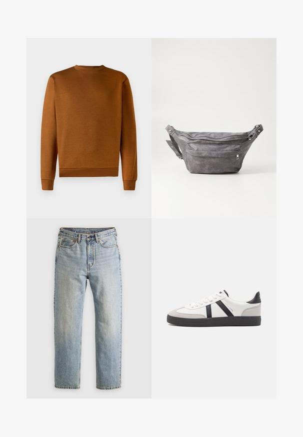 Pruun crewneck särk pehmea tekstuuriga, soonikute äärtega ja helmes. Lihtne disain, ilma mustrite või aksessuaarideta, valmistatud vastupidavast materjalist.; Heledad hele sinine teksapükste kõrge vöökoht, ees nupuga, lukuga ja viie taskuga disain, asetatud tasasele neutraalsele taustale.; Valged tossud mustade ja hallide aktsentidega, tekstureeritud halli varbakattega, musta kummitald ja lamedad valged paelad. Puhtad jooned, minimalistlik stiil.; Hallikate nahast vöö kott, millel on ümar kuju, kaks tõmblukuga taskut ning reguleeritav rihm. Varustatud metallist detailide aktsentidega.