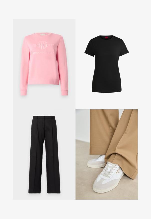 Vaaleanpunainen puuvillasekoitehuppari, jossa on pyöreä pääntie, ribbauskudot hihansuissa ja brodeerattu "GANT"-logo kilven kanssa sekä teksti "American Sportswear".; Mustapaita, jossa on lyhyet käärityt hihat, pyöreä kaula-aukko ja punainen etiketti. Sileä pinta, istuva muoto ja minimaalinen yksityiskohtaisuus.; Musta räätälöity housut suoranlahkeisella designilla, jossa on terävät laskokset ja sileä pinta. Valmistettu kevyestä kankaasta.; Valkoiset urheilukengät, joissa on mokka-akcentteja, teksturoitu nauha ja kumipohja. Yhdistetty löysiin ruskeisiin housuihin. Logo näkyvissä sivussa.