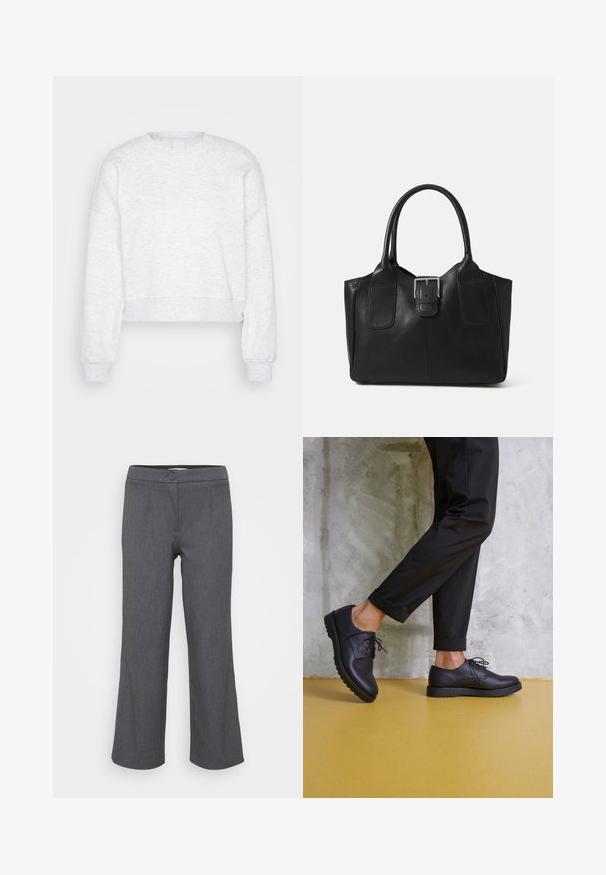 Sweatshirt cropped de manga longa cinza claro, com punhos canelados e gola redonda alta, apresentado sobre um fundo claro e liso.; Calças cinzentas, ajustadas, com um cós liso, fecho de botão único e corte largo. Textura suave com um padrão tecido subtil.; Sapatos pretos de couro com atacadores, ponte aguda arredondada, superfície texturizada e sola de borracha grossa. Usados com calças pretas dobradas contra um fundo de betão.; Bolsa tote de couro preta com textura suave, forma estruturada, duas alças e um destaque prateado proeminente na parte da frente.