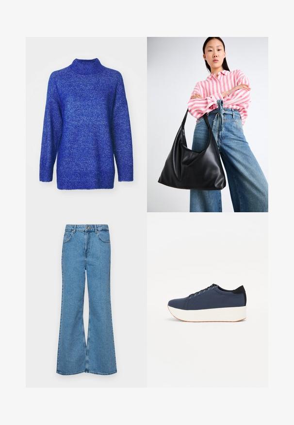 Blauwe gebreide trui met een hoge hals, oversized pasvorm en geribbelde manchetten en zoom. Het materiaal lijkt zacht met een textuurlijsten.; Lichtblauwe flared jeans van denim, met een hoge taille, vijf zakken en een enkele knoopsluiting. Zachte textuur met een vervaagde afwerking.; Marineblauwe sneaker met een textuurstof bovenwerk, witte platformzool, ronde neus en zwart hakaccent. Voorzien van zes gaatjes voor veters.; Zwarte leren schoudertas met een slungelige vorm en naden. Model draagt een roze en witte gestreepte blouse met wijde blauwe jeans.