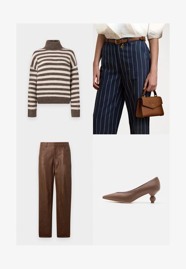 Striped turtleneck sweater in brown and cream, made from soft material. Features a ribbed neckline and wide, dropped shoulders.; White long-sleeve button-up shirt made of cotton. Features a classic collar, seven buttons, and a subtle logo embroidered on the chest.; Brown leather pants with a smooth texture, straight leg design, and two side pockets. Features visible stitching details.; Brown leather pointed-toe pump with a unique rounded ball heel. Smooth texture, sleek design, and minimalistic detailing.; Brown textured handbag with gold hardware, held beside navy striped pants featuring white vertical lines. Simple, structured design.