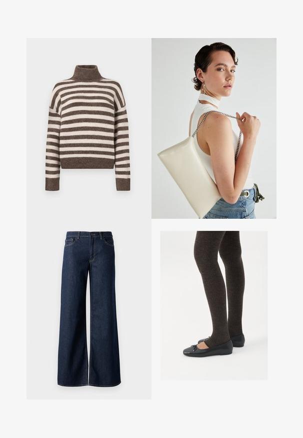 Randig höghalssweater i brunt och kräm, tillverkad av mjukt material. Har en ribbad krage och breda, sänkta axlar.; Breda jeans i mörkblå denim. Har kontrastsömmar, fem fickor och en knappstängning vid midjan. Slät textur.; Svarta platta skor med en liten rosett vid tån, i kombination med mörkbruna ribbade strumpbyxor. Skorna har en slät yta och låg profil.; Vitt rektangulärt clutch-väsk i glänsande material, med en kedjesnor i silver. Modellen poserar och visar upp väskan mot en neutral bakgrund.