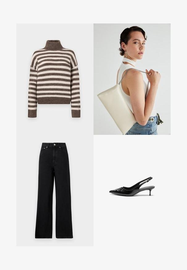 Sweter z golfem w paski w kolorze brązowym i kremowym, wykonany z miękkiego materiału. Posiada żebrowany dekolt i szerokie, opuszczone ramiona.; Czarne dżinsy z wysokim stanem i szerokimi nogawkami, z pięcioma kieszeniami i akcentami w srebrnym kolorze. Gładka tekstura całości.; Czarne skórzane szpilki na ramiączku z ostrym noskiem, małym słupkiem i ozdobnym węzłem z przodu. Gładka faktura na całej powierzchni.; Biała prostokątna kopertówka wykonana z błyszczącego materiału, z srebrnym łańcuszkiem. Modelka pozuje, prezentując torebkę na jednolitym tle.