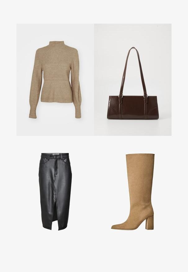 Beżowy sweter z żeberkowym splotem, z wysokim kołnierzem i dopasowanym krojem w talii. Długie rękawy zwężają się przy nadgarstkach, ukazując miękką fakturę i swobodny styl.; Czarna skórzana spódnica o średniej długości, z rozcięciem z przodu, klasycznymi pętelkami na pasek i przeszyciami wzdłuż szwów.; Karmowe zamszowe botki do kolan na słupku, z ostrym noskiem i gładką fakturą. Minimalistyczny design bez ozdób.; Brązowa torebka z lakierowanej skóry o prostokątnym kształcie, z dwiema długimi rączkami i subtelnymi zaokrągleniami z przodu.