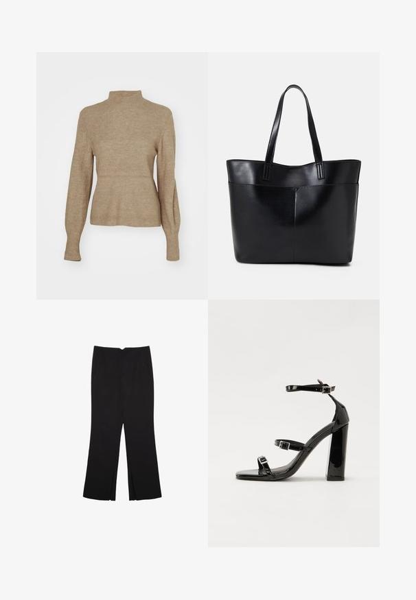 Beige geripptes Strickpullover mit hohem Kragen und taillierter Passform. Lange Ärmel verjüngen sich an den Handgelenken und zeigen eine weiche Textur und ein lässiges Design.; Schwarze Hose mit geradem Schnitt, ausgestattet mit Fronttaschen und Seitenschlitzen am Saum. Hergestellt aus weichem, glattem Stoff. Geeignet für verschiedene Anlässe.; Schwarze Lackleder-Sandalen mit hohen Absätzen, zwei Riemen mit Schnallen, quadratischer Zehenpartie und klobigem Blockabsatz, mit einer glatten, glänzenden Textur.; Schwarze Leder-Shopper-Tasche mit zwei langen Griffen, einer glatten Textur und einer strukturierten Form. Verfügt über eine Vordertasche für zusätzlichen Stauraum.