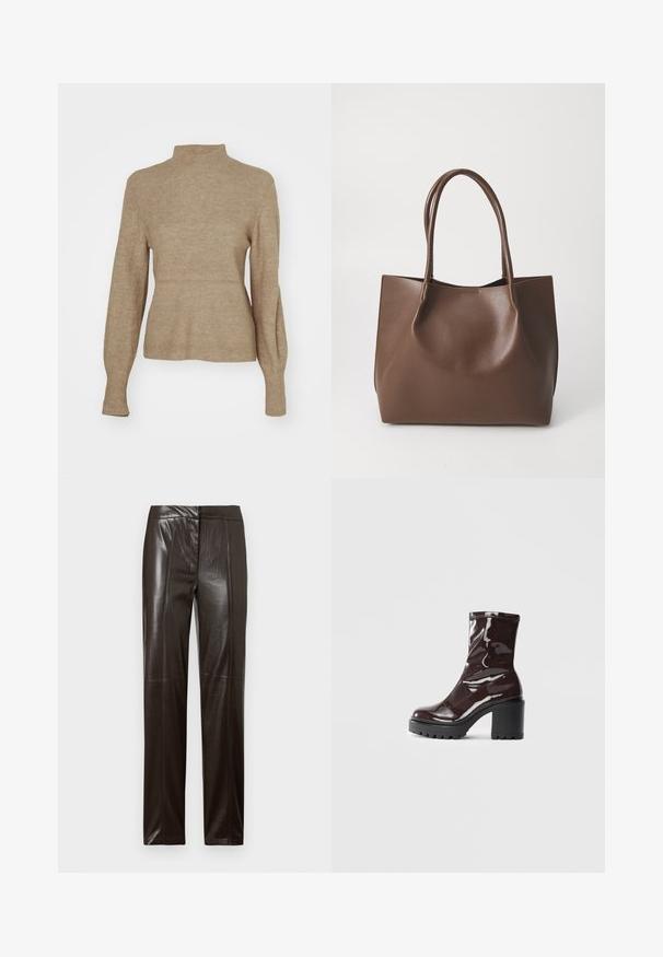 Béžový pletený sveter s vysokým golierom a priliehavým strihom. Dlhé rukávy sa zužujú na zápästiach, pričom ukazujú jemnú textúru a neformálny dizajn.; Tmavohnedé kožené nohavice so širokými nohavicami, hladkým povrchom a jemným švom pozdĺž prednej časti.; Lesklé burgundské kotníkové boty s robustním černým podpatkem, s hladkou strukturou a jednoduchým designem. Bez viditelných zapínání nebo vzorů.; Hnedá kožená taška s dvoma dlhými uchami, štruktúrovaný tvar, hladká textura a minimalistický dizajn. Bez viditeľného hardvéru alebo akcentov.