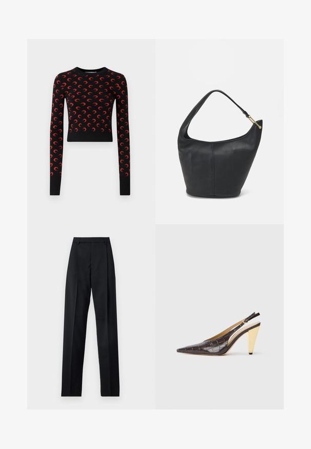 Černý svetr s krátkým střihem vyrobený z pleteného materiálu, s červenými vzory půlměsíce, dlouhými rukávy a žebrovaným výstřihem a manžetami.; Černé kalhoty vyrobené z hladké tkaniny, vybavené vysokým pasem, širokými nohavicemi, předními záhyby a klasickými poutky na opasek. Nejsou viditelné boční kapsy.; Slinbková podpatková obuv s špičatou špičkou v tmavě hnědé lesklé umělé krokodýlí kůži. Obsahuje zlatý geometrický podpatek a nastavitelný páskový pásek kolem kotníku.; Černá kožená kabelka zaobleného tvaru, s širokým popruhem a texturovaným povrchem. Obsahuje jemné švy a akcenty ve zlatém tónu.
