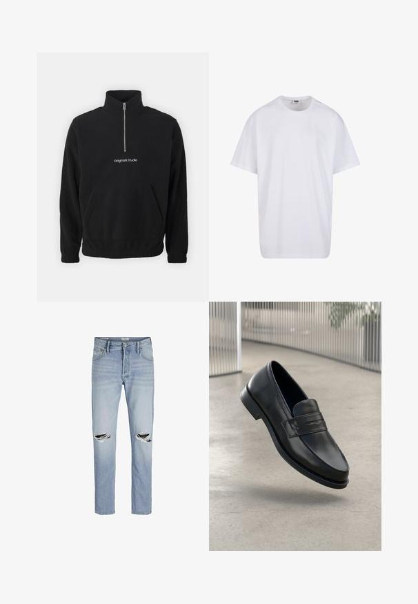 Pullover di pile nero con colletto alto e zip frontale a metà. Presenta una tasca anteriore a marsupio e il logo ricamato "Originals Studio".; Maglietta bianca in cotone con maniche corte, scollatura rotonda, vestibilità comoda e senza loghi o motivi visibili. Texture liscia e design minimale.; Jeans in denim blu chiaro con vestibilità dritta, caratterizzati da strappi consumati sui ginocchi e un classico design a cinque tasche.; Mocassino in pelle nera con texture liscia, punta appuntita e una fascia decorativa sul collo del piede. Suola leggera, design minimale.