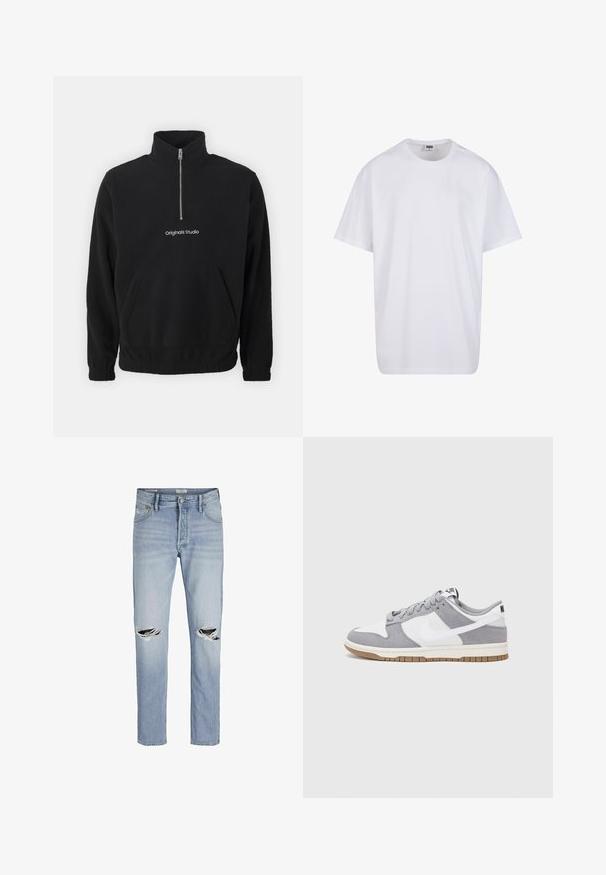 Czarny polarowy pulower z wysokim kołnierzem i półzamkiem z przodu. Posiada przednią kieszeń kangurkę oraz wyszywane logo "Originals Studio".; Biała bawełniana koszulka z krótkimi rękawami, okrągłym dekoltem, luźnym krojem i bez widocznych logo lub wzorów. Gładka tekstura i minimalistyczny design.; Jasnoniebieskie dżinsy o prostym kroju, z przetarciami na kolanach i klasycznym pięci pockets designem.; Szare i białe trampki z zamszową i skórzaną cholewą, okrągłym noskiem, płaskimi sznurówkami i gumową podeszwą z akcentem w kolorze gumy.