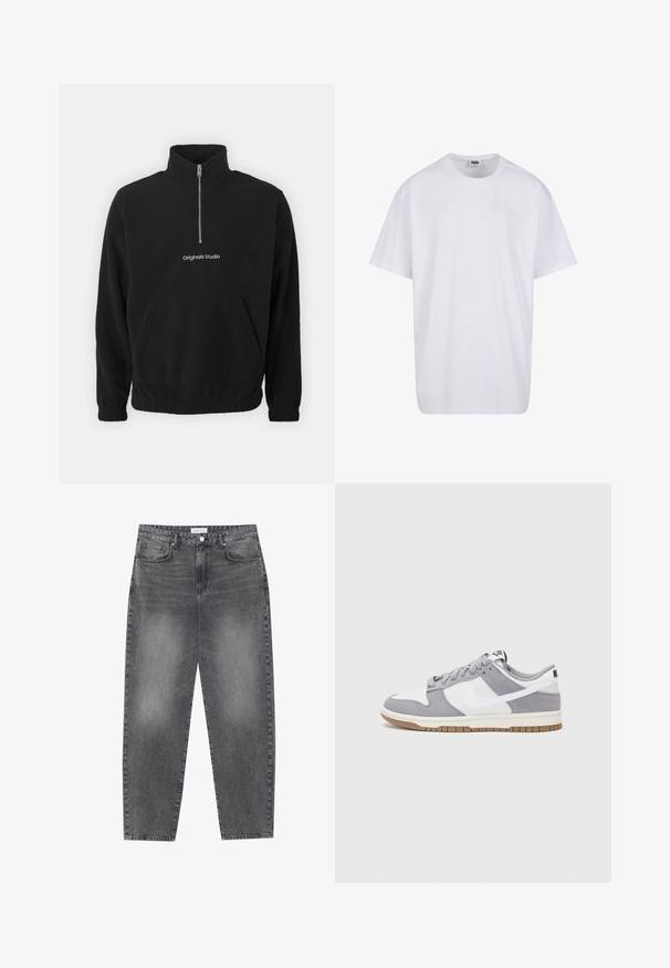 Schwarzer Fleece-Pullover mit hohem Kragen und halbem Reißverschluss an der Vorderseite. Verfügt über eine frontale Kängurutasche und ein gesticktes "Originals Studio"-Logo.; Weiße Baumwoll-T-Shirt mit kurzen Ärmeln, rundem Ausschnitt, lockerer Passform und ohne sichtbare Logos oder Muster. Glatte Textur und minimalistisches Design.; Hoch taillierte, locker sitzende Jeans aus verwaschenem schwarzem Denim. Verfügt über fünf Taschen, Gürtelschlaufen und ein sauberes, gerades Bein-Design.; Graue und weiße Sneaker mit einem Obermaterial aus Wildleder und Leder, abgerundeter Spitze, flachen Schnürsenkeln und einer Gummisohle mit einem Kautschukakzent.