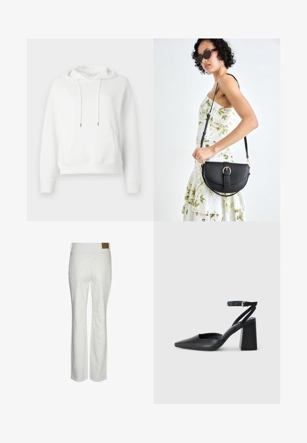 Weißer Kapuzenpullover aus weichem Stoff. Verfügt über eine Vordertasche, Zugbänder mit Metallenden und eine dezente Logo-Stickerei.; Weiße hoch-taillierte Hose aus Baumwollmischung. Sie hat einen geraden Beinaufschnitt, zwei Gesäßtaschen und ein markiertes braunes Etikett am Bund.; Schwarze Leder-Pumps mit spitzer Zehe, einem Knöchelriemen und einem blockigen Absatz. Flache Textur, elegantes Design und minimalistische Ästhetik.; Schwarze Lederhandtasche mit geschwungener Form, abnehmbarem Tragegurt und goldenen Beschlägen. Die Tasche verfügt über einen Deckel mit einer Schnallen-Details.