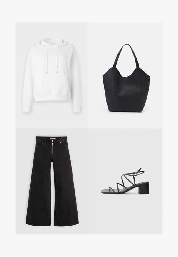 Bela kapuca iz mehkega blaga. Ima sprednji žep, vrvico z kovinskimi konicami in diskretno vezenje logotipa.; Široke traperice iz črnega denima z zadrgo spredaj, petimi žepi in diskretnimi šivi. Gladka tekstura in ležeren slog.; Črne strapne sandale s kvadratnim nosom in debelim petnim delom, izdelane iz gladkega materiala. Imajo nastavljive gležnjeve in minimalno kovinsko opremo.; Črna torba v obliki tote iz gladke usnjene površine, ki ima ukrivljen odprt vrh z dvema naramnicama in minimalističnim dizajnom.