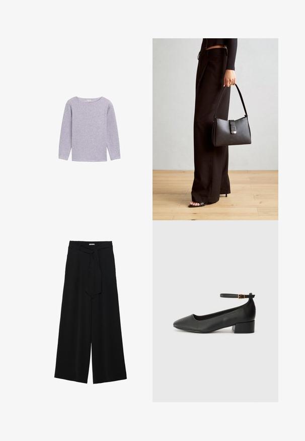 Helllila Langarmpullunder mit Rundhalsausschnitt, aus weichem, strukturiertem Gewebe, mit einem einfachen, minimalistischen Design.; Schwarze weite Hosen aus strukturiertem Stoff, mit elastischem Bund und einem abnehmbaren Bindegürtel in der Taille für eine verstellbare Passform.; Schwarze Lederpumps mit spitzem Zehenbereich und niedrigem Blockabsatz. Mit einem Knöchelriemen und einer goldfarbenen Schnalle. Glatte Textur.; Schwarze Handtasche mit strukturierter Form, glatter Textur und einem metallischen Verschluss. Kombiniert mit weiten schwarzen Hosen und offenen Sandalen auf einem Holzboden.