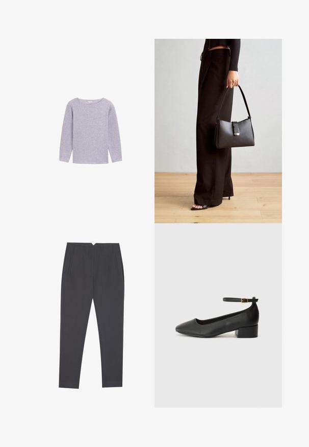 Maglione lungo a maniche fale di colore viola chiaro con scollatura rotonda, realizzato in tessuto morbido e testurizzato, caratterizzato da un design semplice e minimalista.; Pantaloni tapered grigio scuro con tasche laterali e pieghe frontali, progettati per una vestibilità su misura.; Pump in pelle nera con punta affusolata e tacco basso a blocco. Presenta una cinghia alla caviglia con una fibbia in tonalità oro. Texture liscia.; Borsa nera con forma strutturata, texture liscia e una chiusura metallica. Abbinata a pantaloni neri larghi e sandali open-toe su un pavimento in legno.