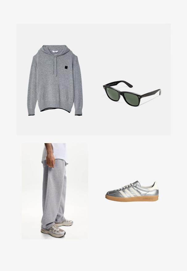 Szary dzianinowy hoodie z przednią kieszenią, kapturem ze sznurkiem, czarnym haftowanym logo na klatce piersiowej oraz ściągaczami przy mankietach i u dołu.; Szare dresy wykonane z miękkiego materiału, charakteryzujące się luźnym krojem i elastycznym paskiem w talii. Połączone z beżowymi i szarymi butami sportowymi.; Srebrne sneakersy z białymi akcentami, z trzema paskami, zaokrąglonym noskiem i gumową podeszwą. Teksturowany metaliczny materiał.; Czarne plastikowe okulary przeciwsłoneczne z zielonymi szkłami, kwadratowe oprawki, srebrny akcent na brwi oraz fakturowane ramiona temple. Nazwa marki podana na wewnętrznej stronie ramion.